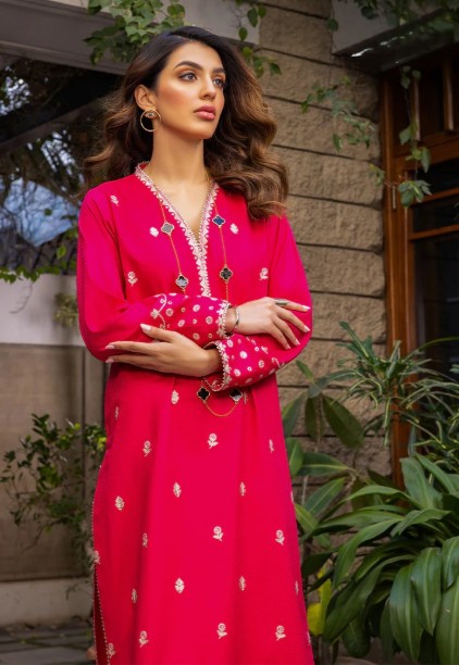 Picture of Embroidered Self Jacquard Stitched Kurti – Hot Pink
